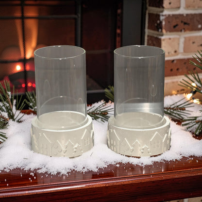 Set of 2 Concrete Pillar Candle Holders with Glass Hurricane Tubes | Winter Village Christmas Decor | Nordic Table Centerpiece