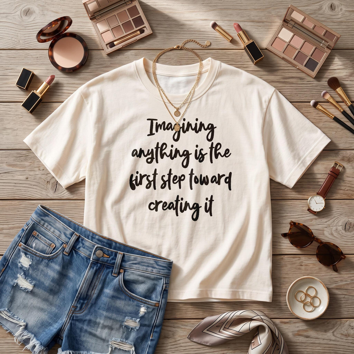 Cream t-shirt with black text, denim shorts, makeup, jewelry, and accessories.