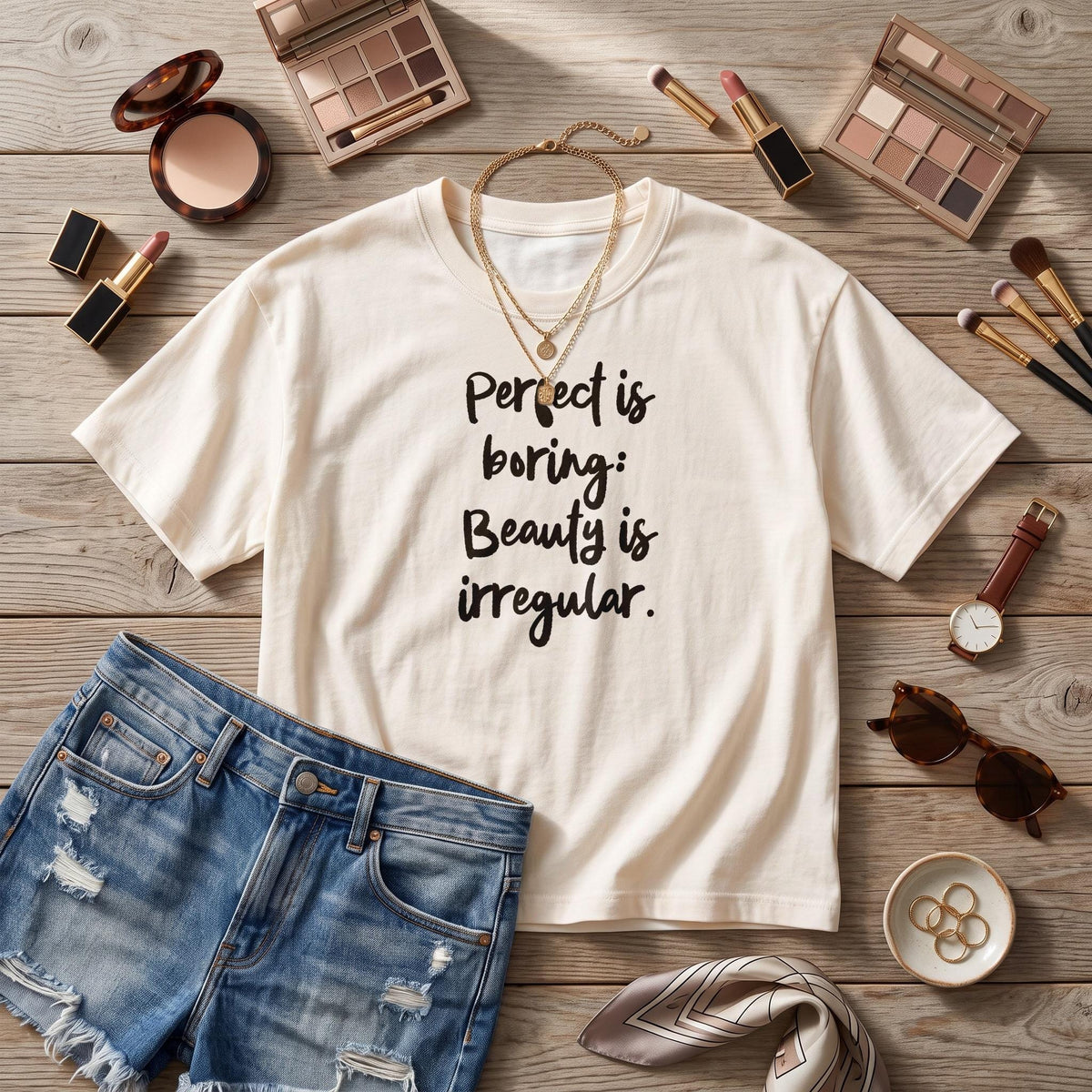 Cream t-shirt with black text &amp;quot;Perfect is boring: Beauty is irregular.&amp;quot; paired with denim shorts.