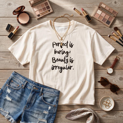 Cream t-shirt with black text &amp;quot;Perfect is boring: Beauty is irregular.&amp;quot; paired with denim shorts.