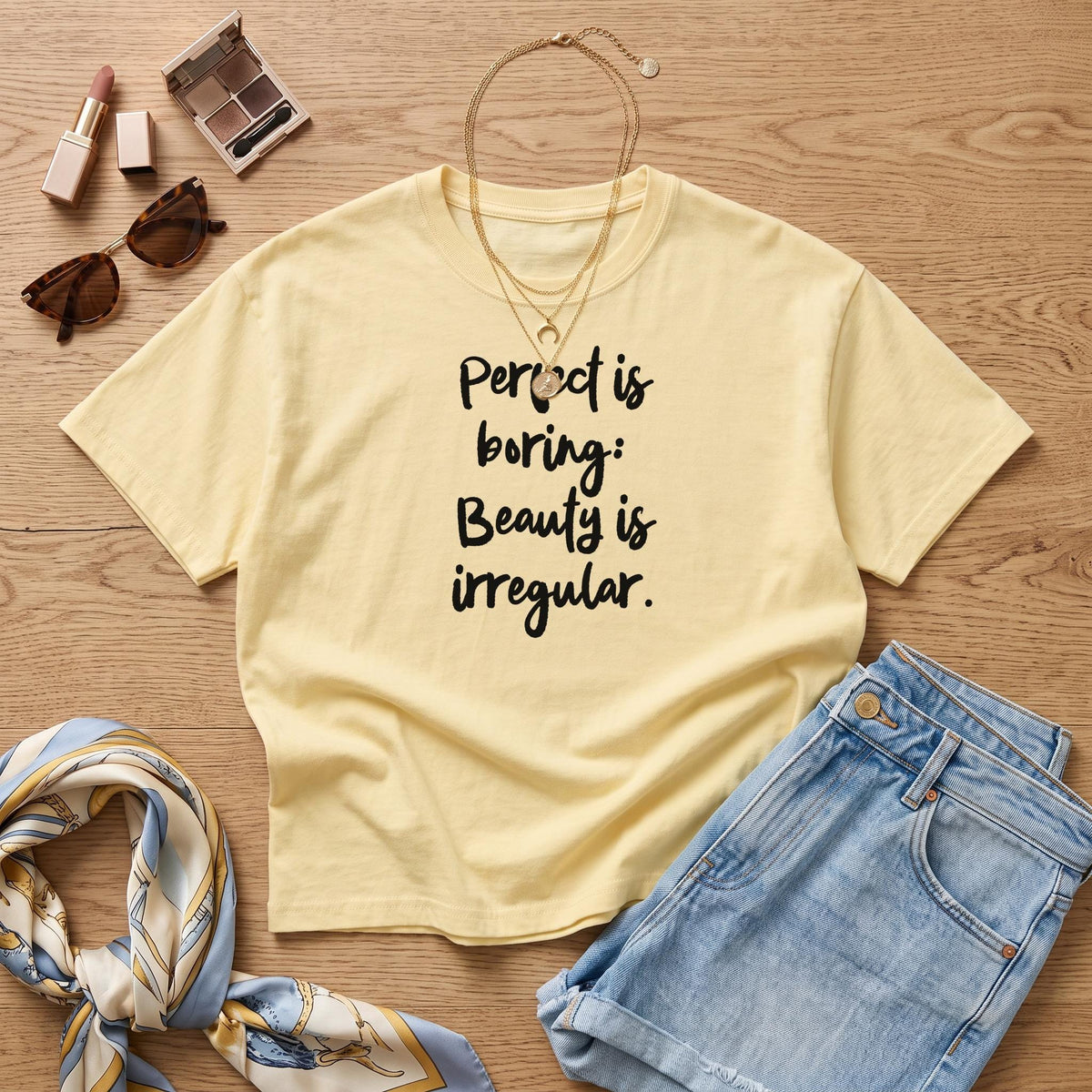 Yellow t-shirt with text &amp;quot;Perfect is boring: Beauty is irregular.&amp;quot;