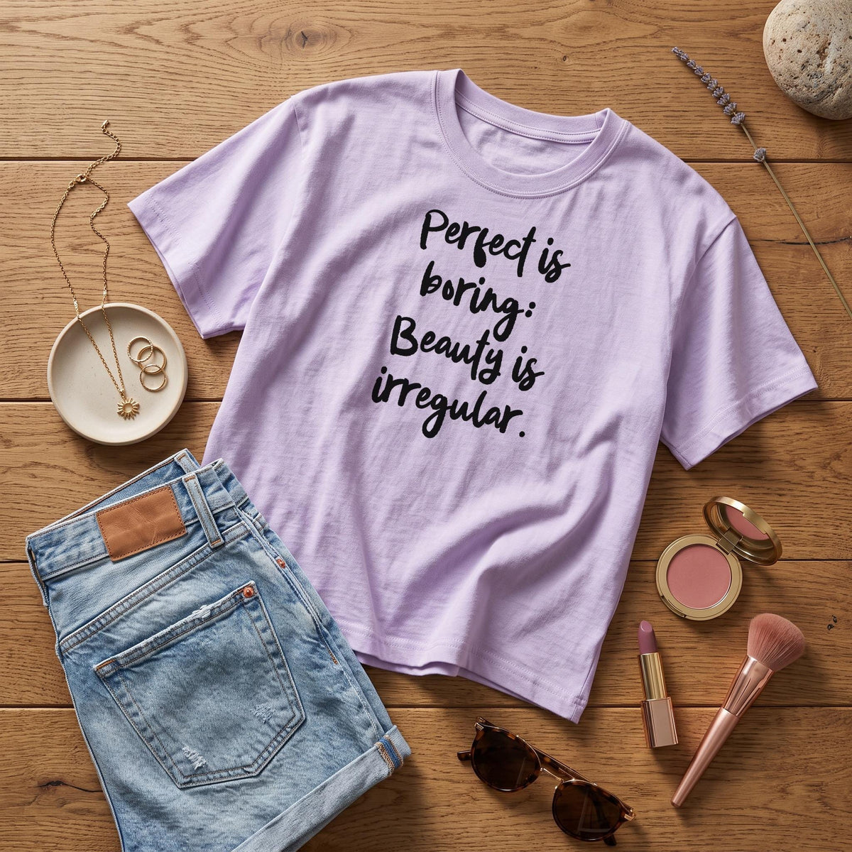 Lavender t-shirt with black text &amp;quot;Perfect is boring: Beauty is irregular.&amp;quot;