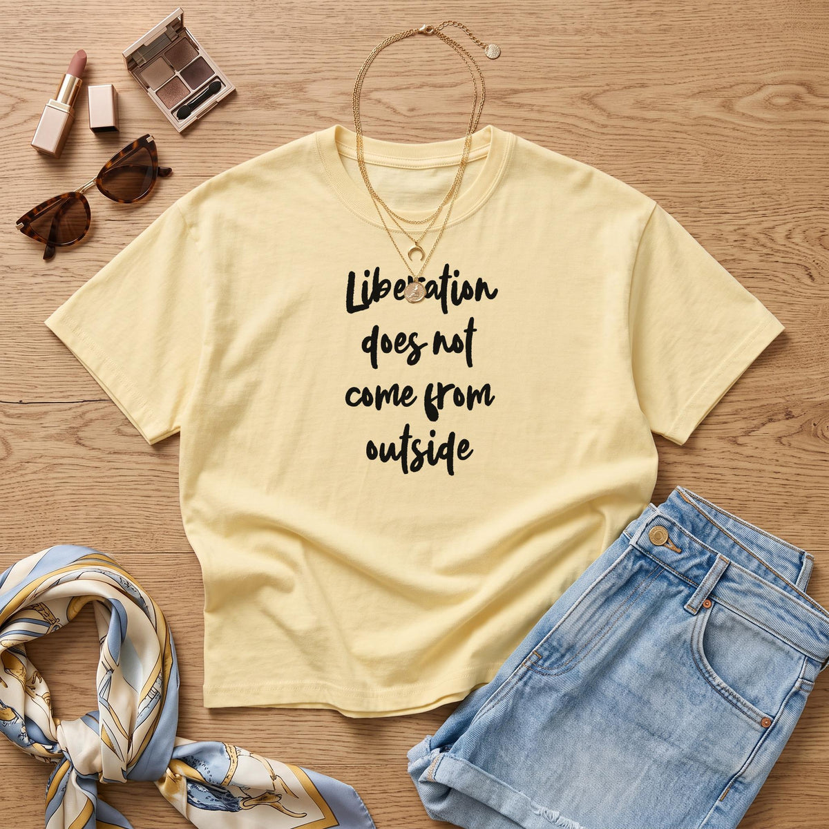 Pale yellow t-shirt with black text &amp;quot;Liberation does not come from outside&amp;quot;.