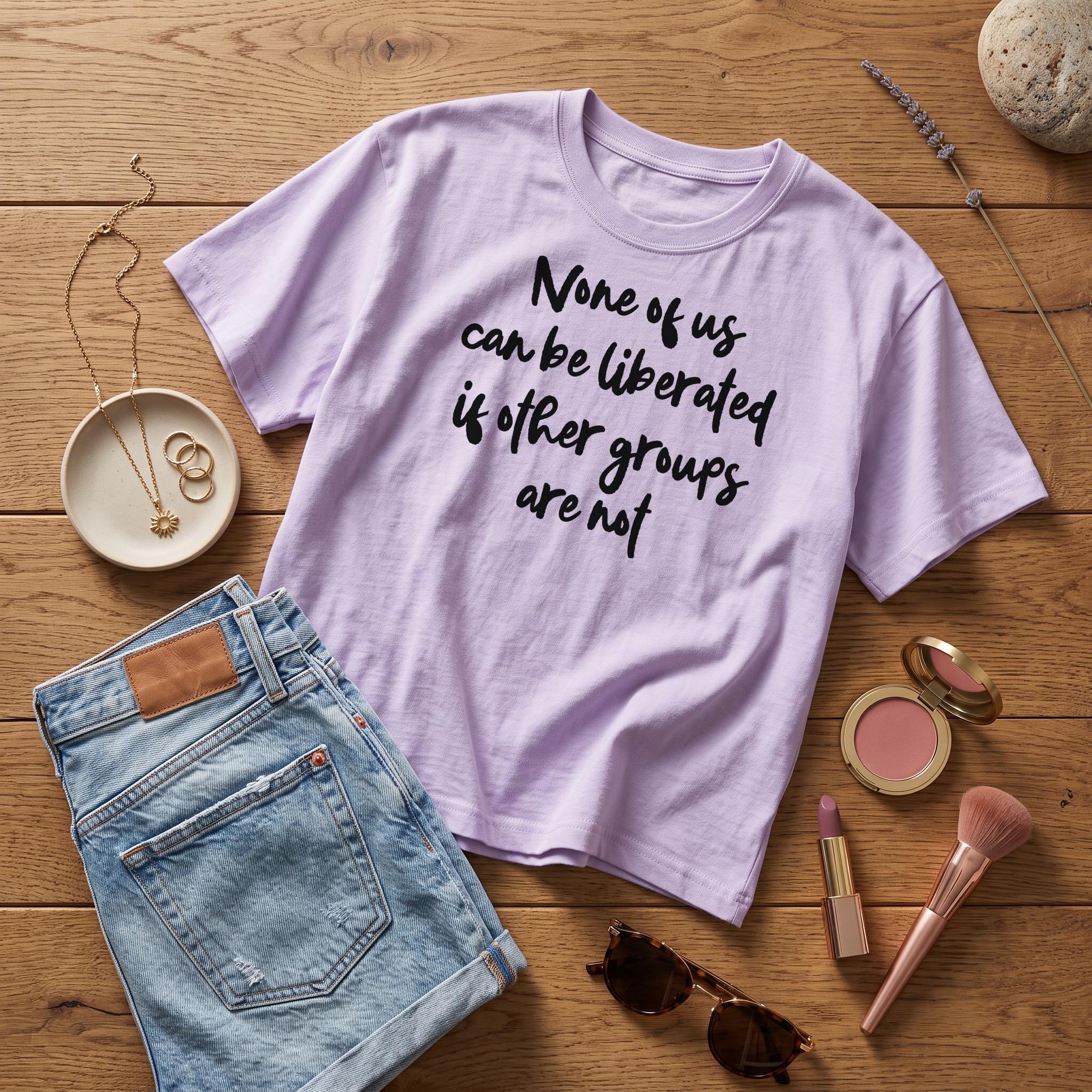 Lavender t-shirt with black text &amp;quot;None of us can be liberated if other groups are not.&amp;quot;