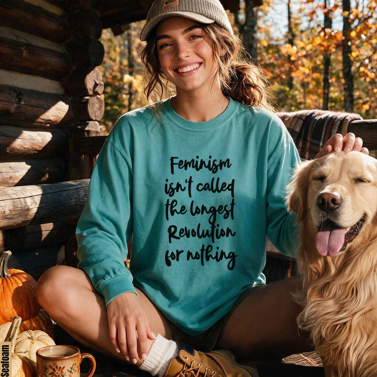 Teal long-sleeve shirt with &amp;quot;Feminism isn&amp;