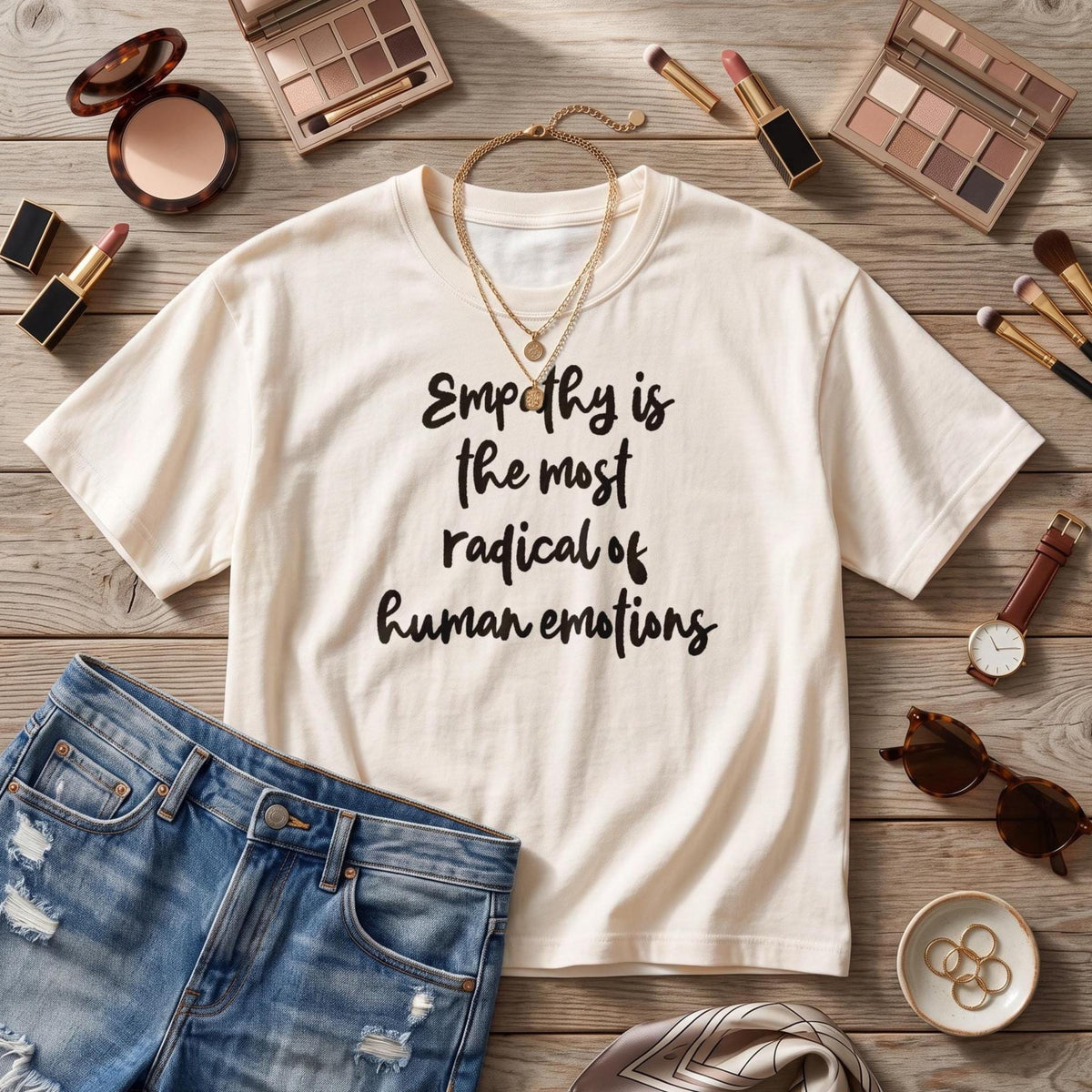 Cream t-shirt with text &amp;quot;Empathy is the most radical of human emotions,&amp;quot; denim shorts, and accessories.