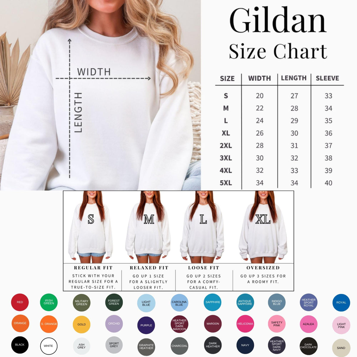 Gildan size chart showing measurements for width, length, and sleeve by size.