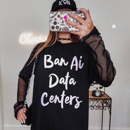 Black t-shirt with &amp;quot;Ban Ai Data Centers&amp;quot; text, fishnet sleeves, and a chain purse.