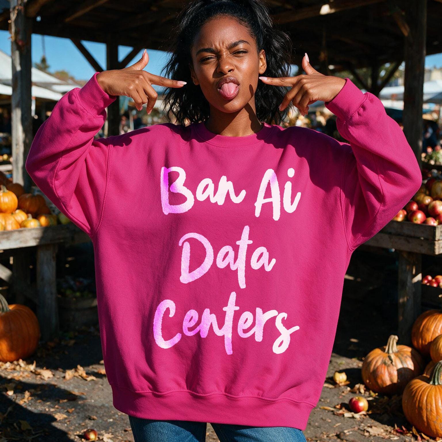 Woman in pink sweatshirt with &amp;quot;Ban Ai Data Centers&amp;quot; text, at an outdoor market.