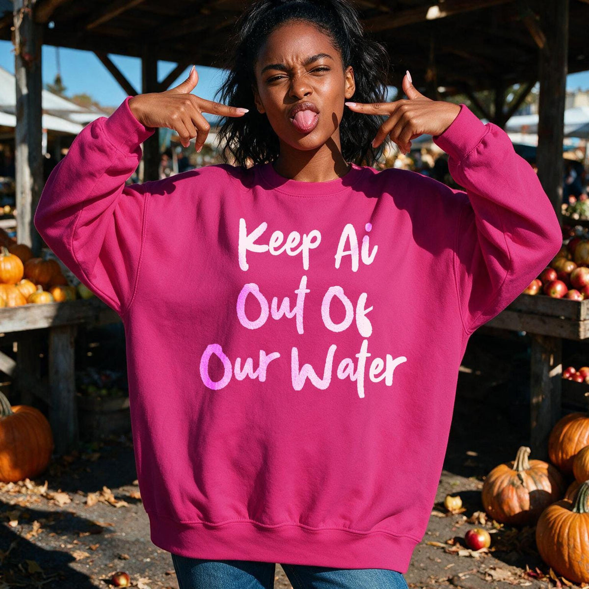 Woman in a pink sweatshirt with &amp;quot;Keep Ai Out Of Our Water&amp;quot; text.