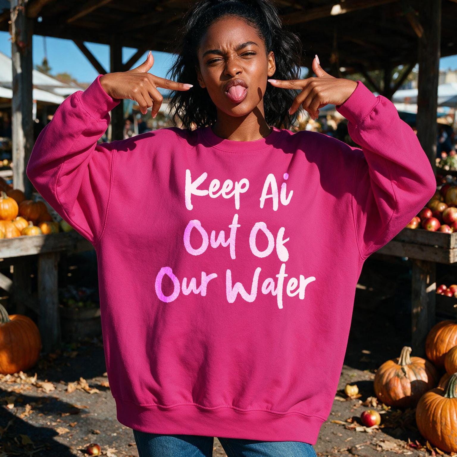 Woman in a pink sweatshirt with &amp;quot;Keep Ai Out Of Our Water&amp;quot; text.