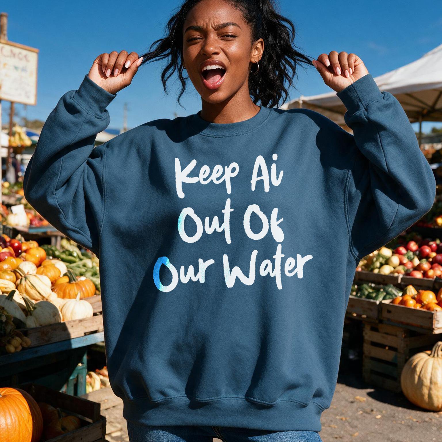 Dark blue sweatshirt with white text &amp;quot;Keep Ai Out Of Our Water&amp;quot; on a woman.