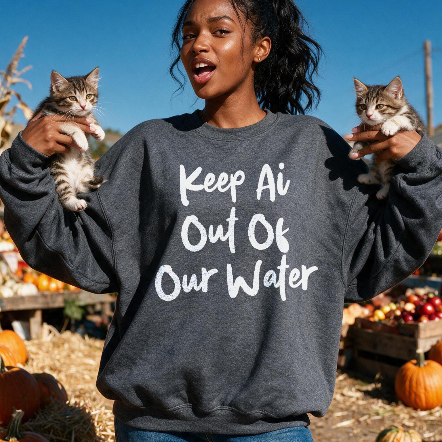 Woman holding kittens, wearing sweatshirt with &amp;quot;Keep Ai Out Of Our Water&amp;quot; text.