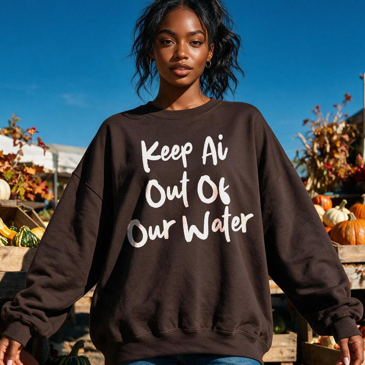 Brown sweatshirt with white text &amp;quot;Keep Ai Out Of Our Water&amp;quot; on a woman.