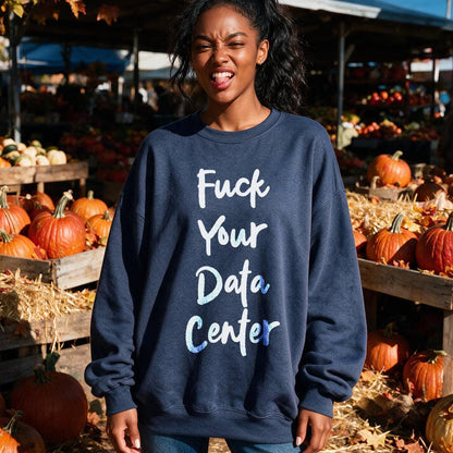 Woman in navy sweatshirt with text &amp;quot;Fuck Your Data Center&amp;quot; at a pumpkin patch.