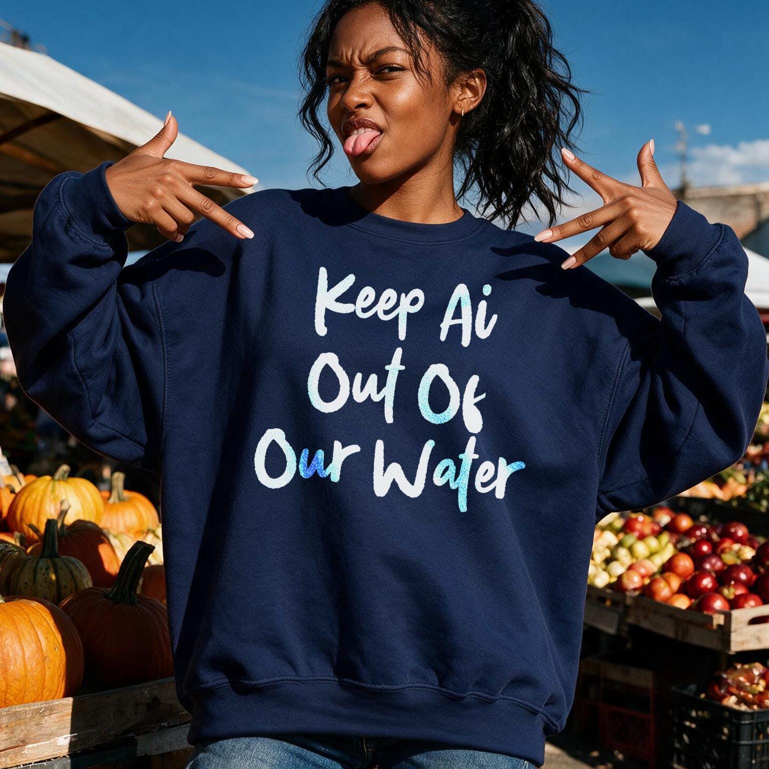 Navy sweatshirt with &amp;quot;Keep Ai Out Of Our Water&amp;quot; text, modeled by a young woman outdoors.