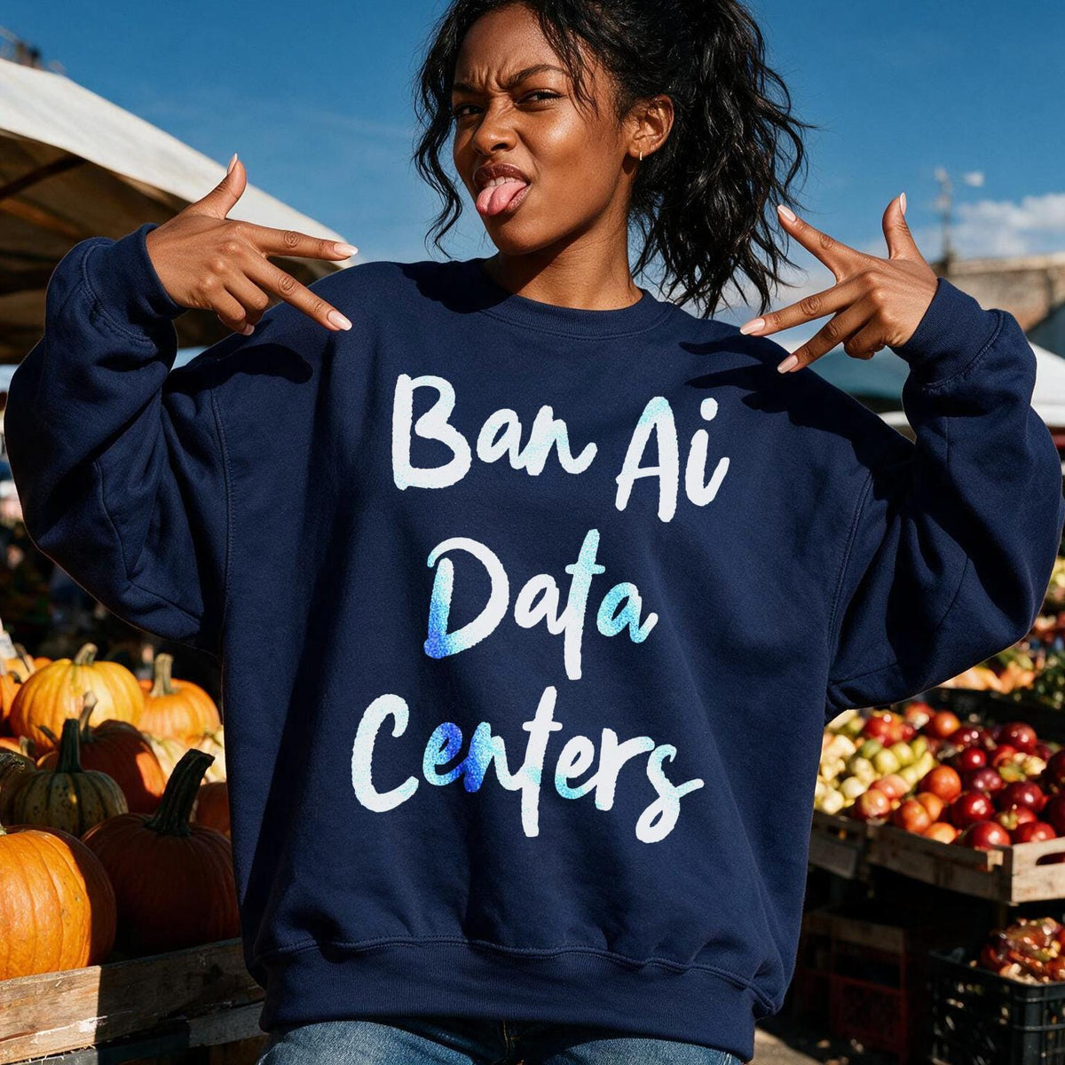 Navy sweatshirt with &amp;quot;Ban Ai Data Centers&amp;quot; in white and blue gradient text.