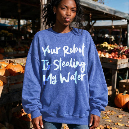 Woman in blue sweatshirt with text &amp;quot;Your Robot Is Stealing My Water.&amp;quot;