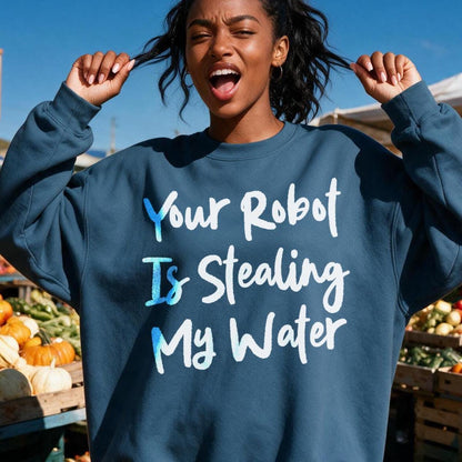 Woman wearing a navy sweatshirt with &amp;quot;Your Robot Is Stealing My Water&amp;quot; text.