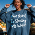Woman wearing a navy sweatshirt with "Your Robot Is Stealing My Water" text.