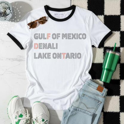 White ringer t-shirt with text &amp;quot;Gulf of Mexico, Denali, Lake Ontario&amp;quot;.