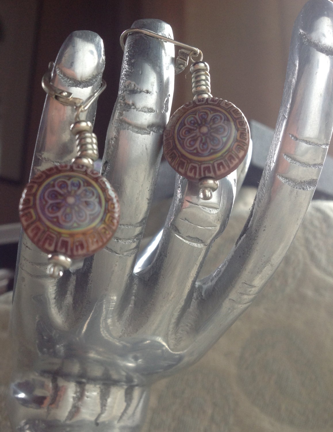 Close-up view of Magic Mood Change mandala earrings highlighting the intricate floral design and color changes of the beads, ideal for 60s jewelry gift enthusiasts.