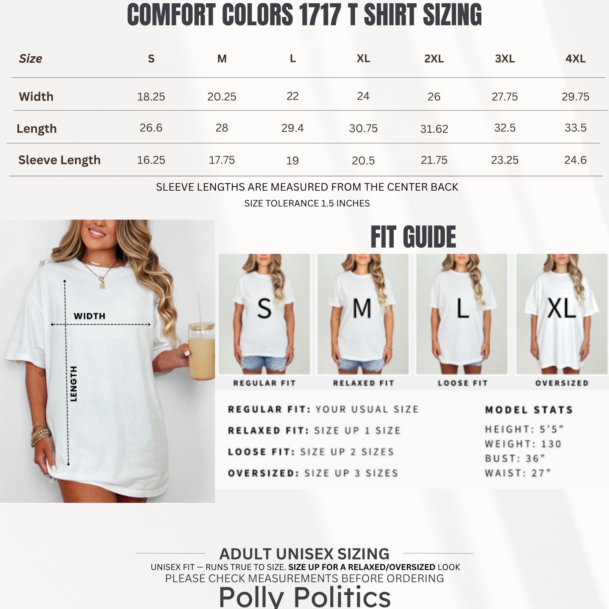 Comfort Colors 1717 t-shirt sizing chart with width, length, and sleeve measurements.