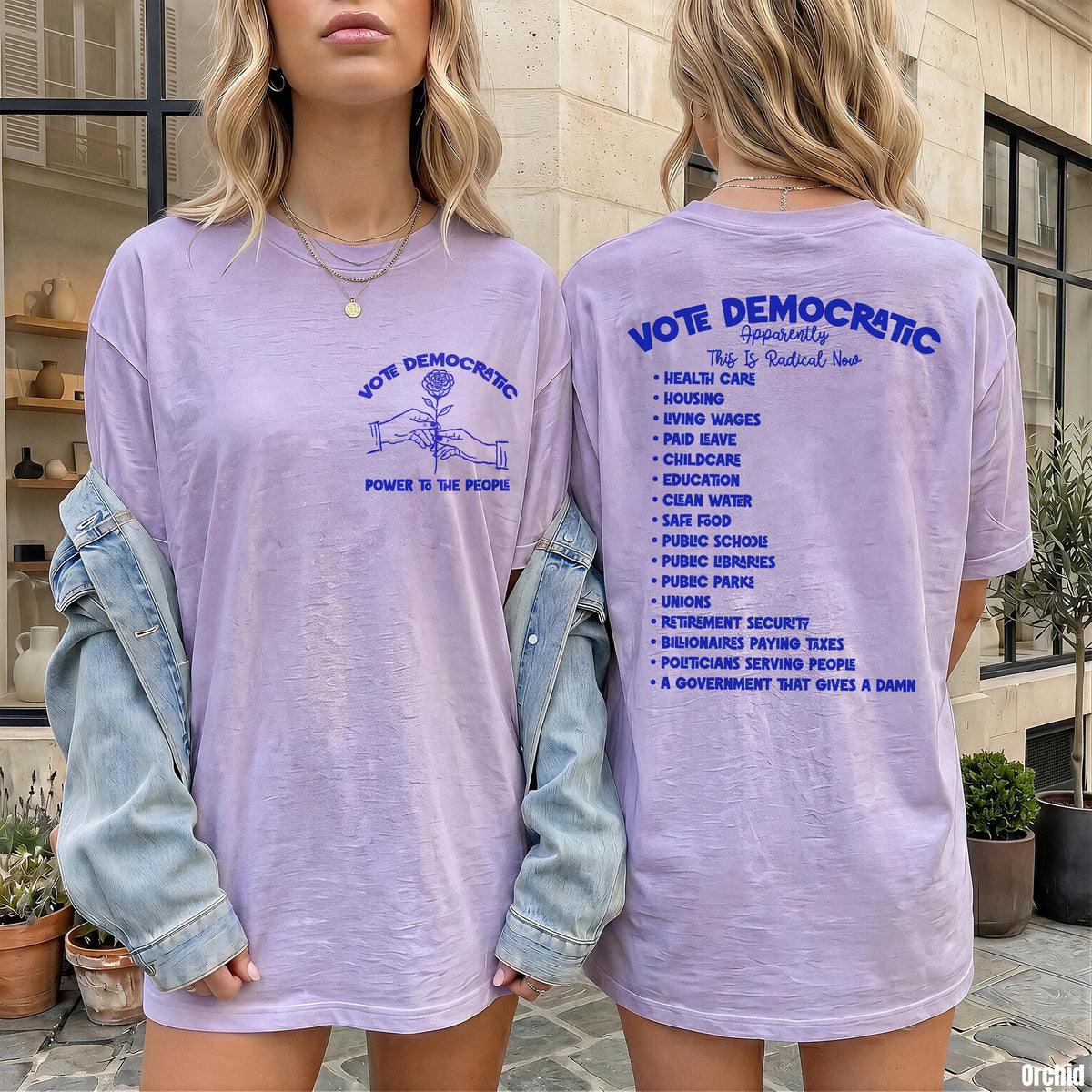 Lavender t-shirt with &amp;quot;Vote Democratic&amp;quot; and a list of political platform points on the back.