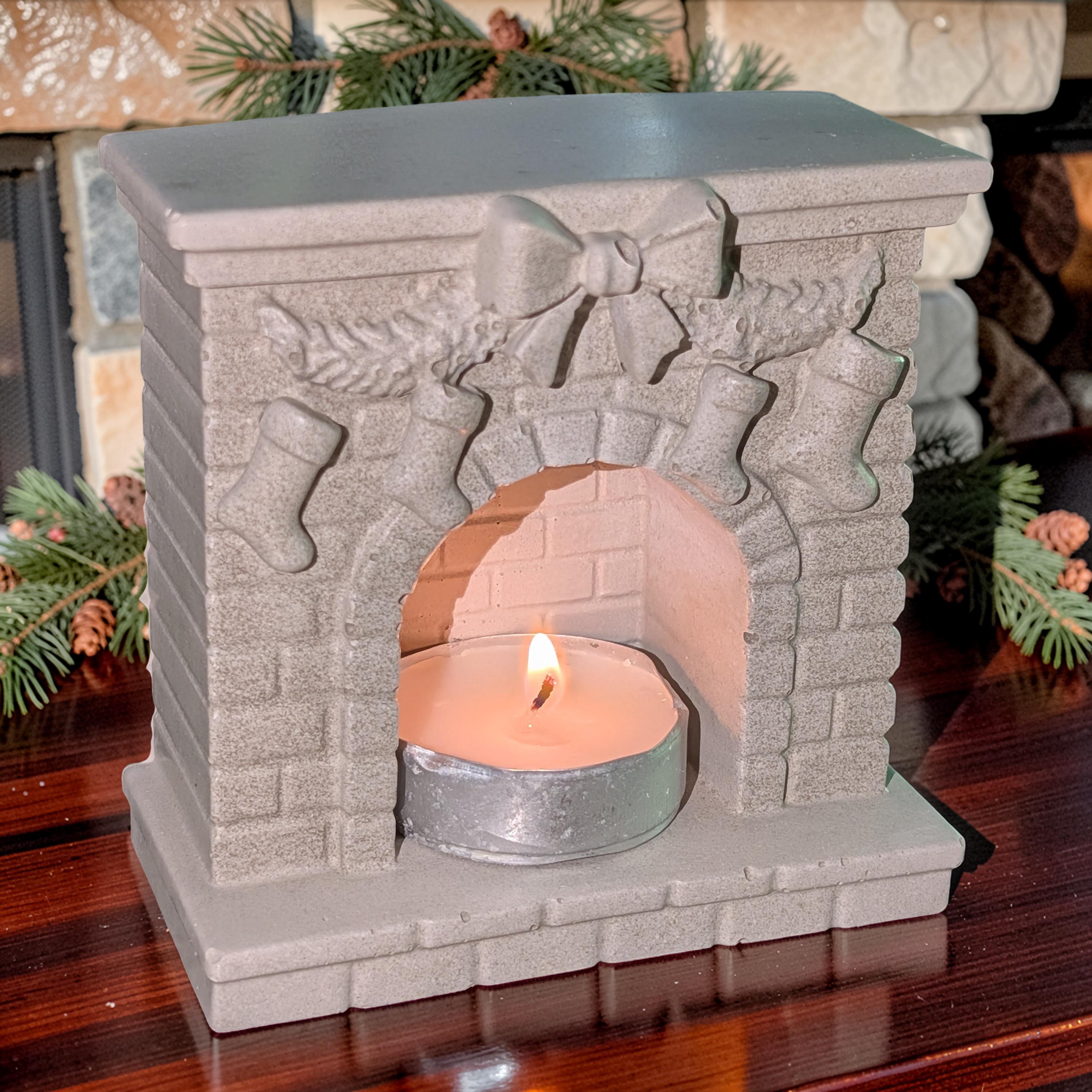 Mini Concrete Christmas Fireplace Candle Holder | Cute Holiday Mantle Decor, Tealight Burner &amp; Tiered Tray Accent | Cozy Winter Home Decor