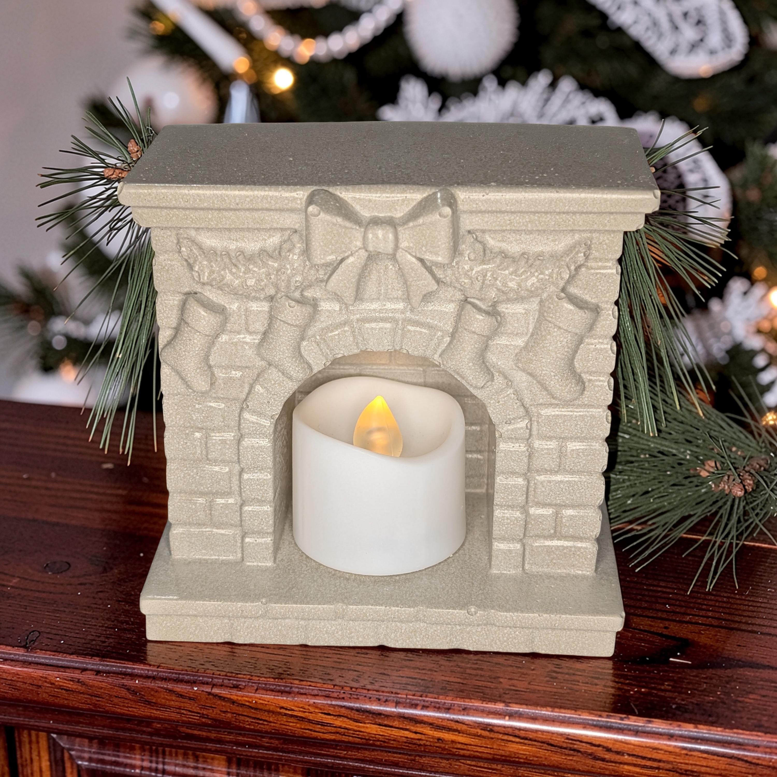 Mini Concrete Christmas Fireplace Candle Holder | Cute Holiday Mantle Decor, Tealight Burner &amp; Tiered Tray Accent | Cozy Winter Home Decor