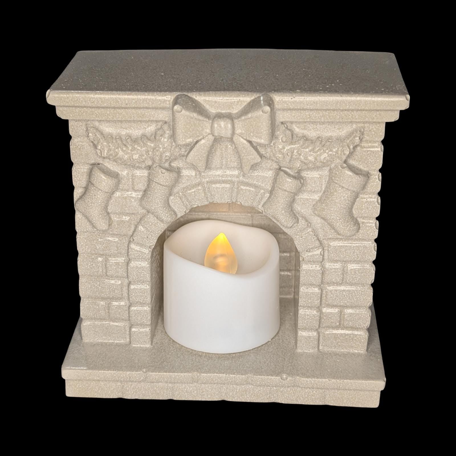 Mini Concrete Christmas Fireplace Candle Holder | Cute Holiday Mantle Decor, Tealight Burner &amp; Tiered Tray Accent | Cozy Winter Home Decor