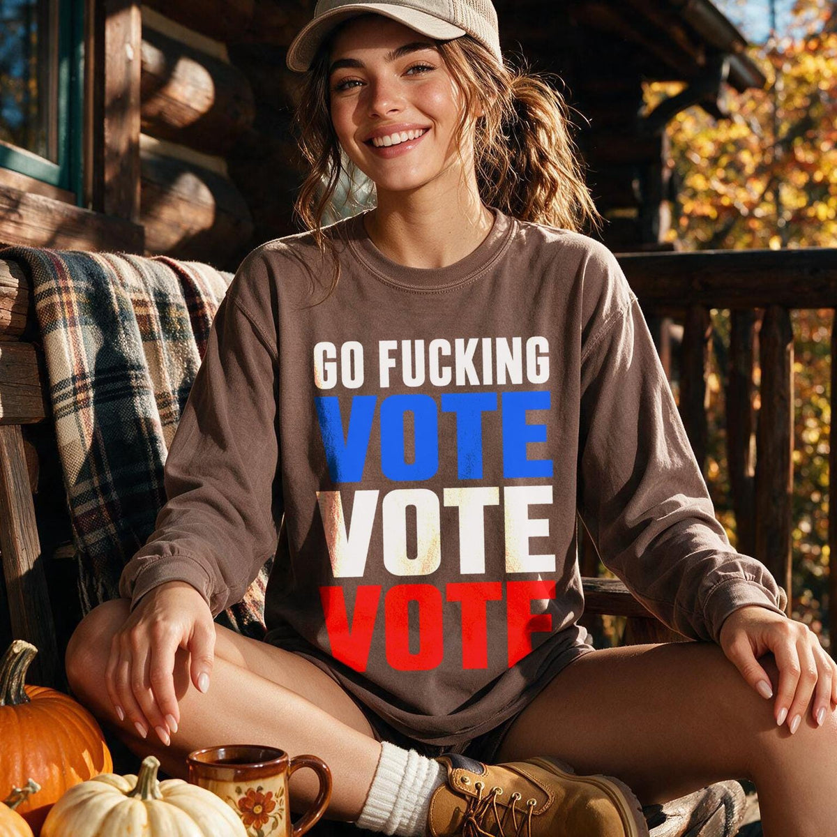 Brown long-sleeve shirt with &amp;quot;GO FUCKING VOTE&amp;quot; text in patriotic colors.