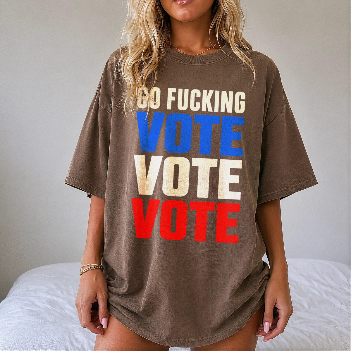 Brown t-shirt with &amp;quot;GO FUCKING VOTE VOTE VOTE&amp;quot; text in blue, white, and red.