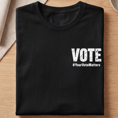 Black t-shirt with white distressed text &amp;quot;VOTE&amp;quot; and &amp;quot;