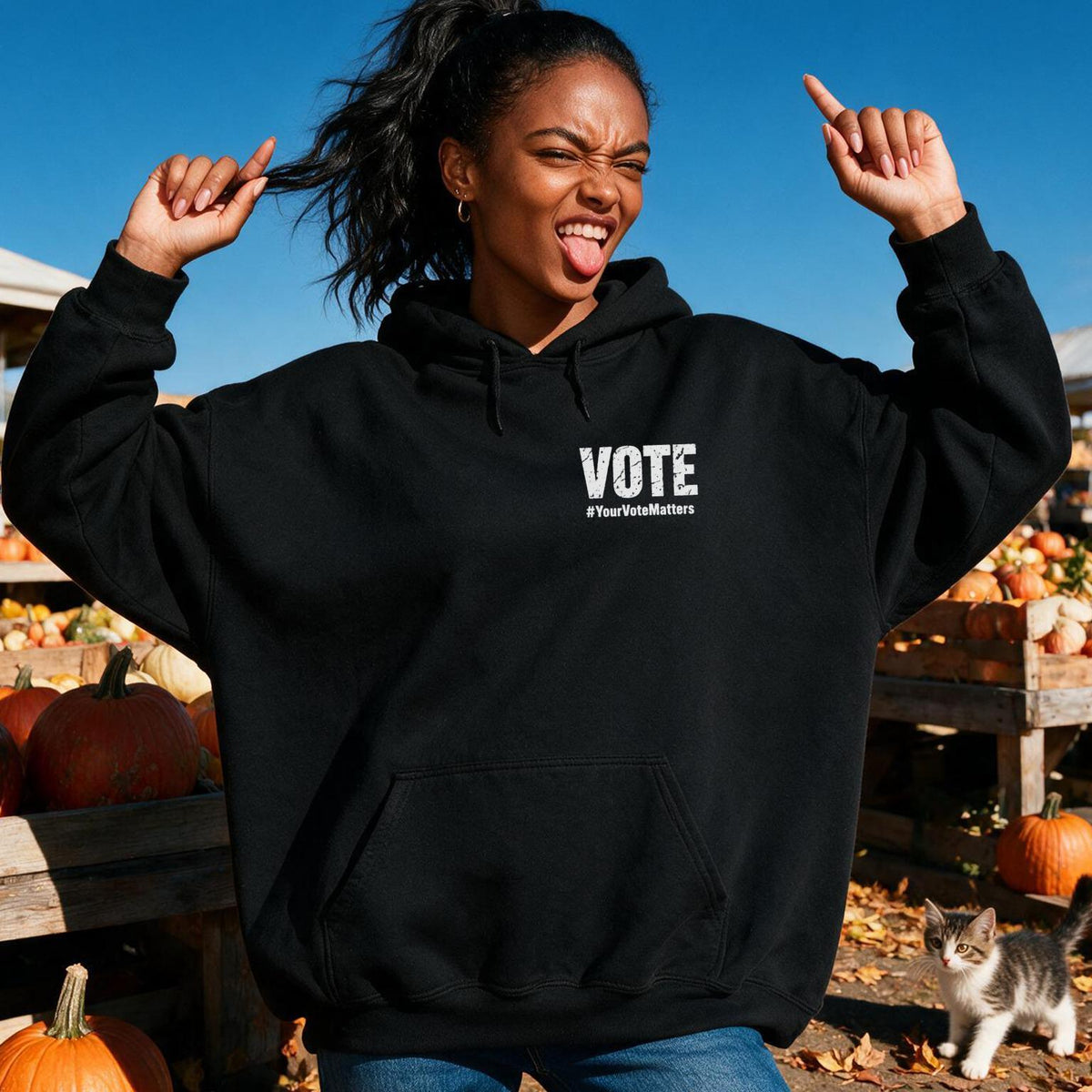 Black hoodie with white &amp;quot;VOTE&amp;quot; and &amp;quot;