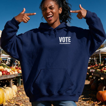 Woman points to &amp;quot;VOTE 