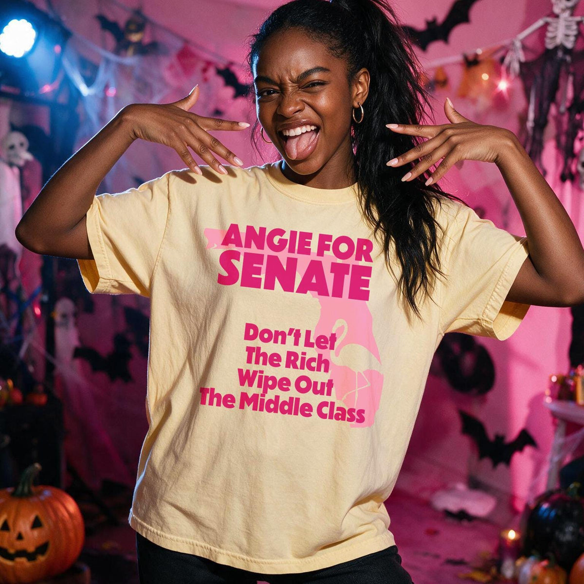 Light yellow t-shirt with pink text &amp;quot;Angie for Senate&amp;quot; and &amp;quot;Don&amp;