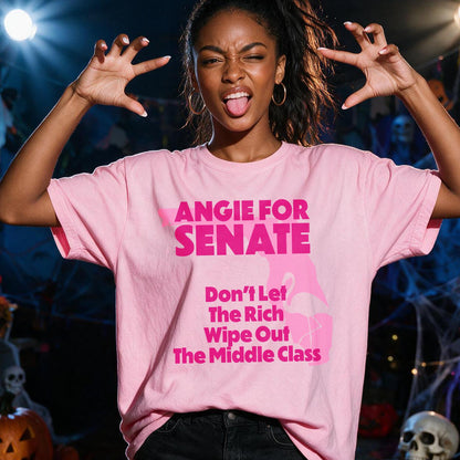 Pink t-shirt with &amp;quot;ANGIE FOR SENATE&amp;quot; and flamingo graphic with text.