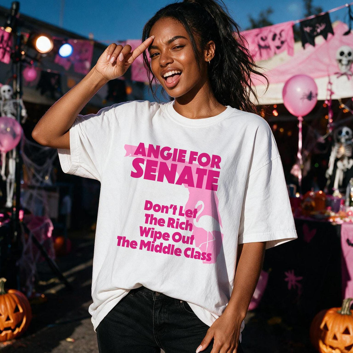 White t-shirt with pink text and flamingo graphic: &amp;quot;ANGIE FOR SENATE. Don&amp;