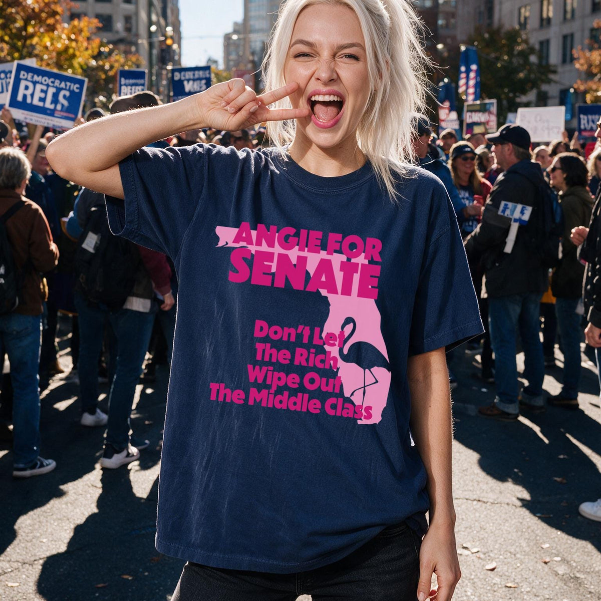 Navy t-shirt with pink text: Angie for Senate. Don&amp;
