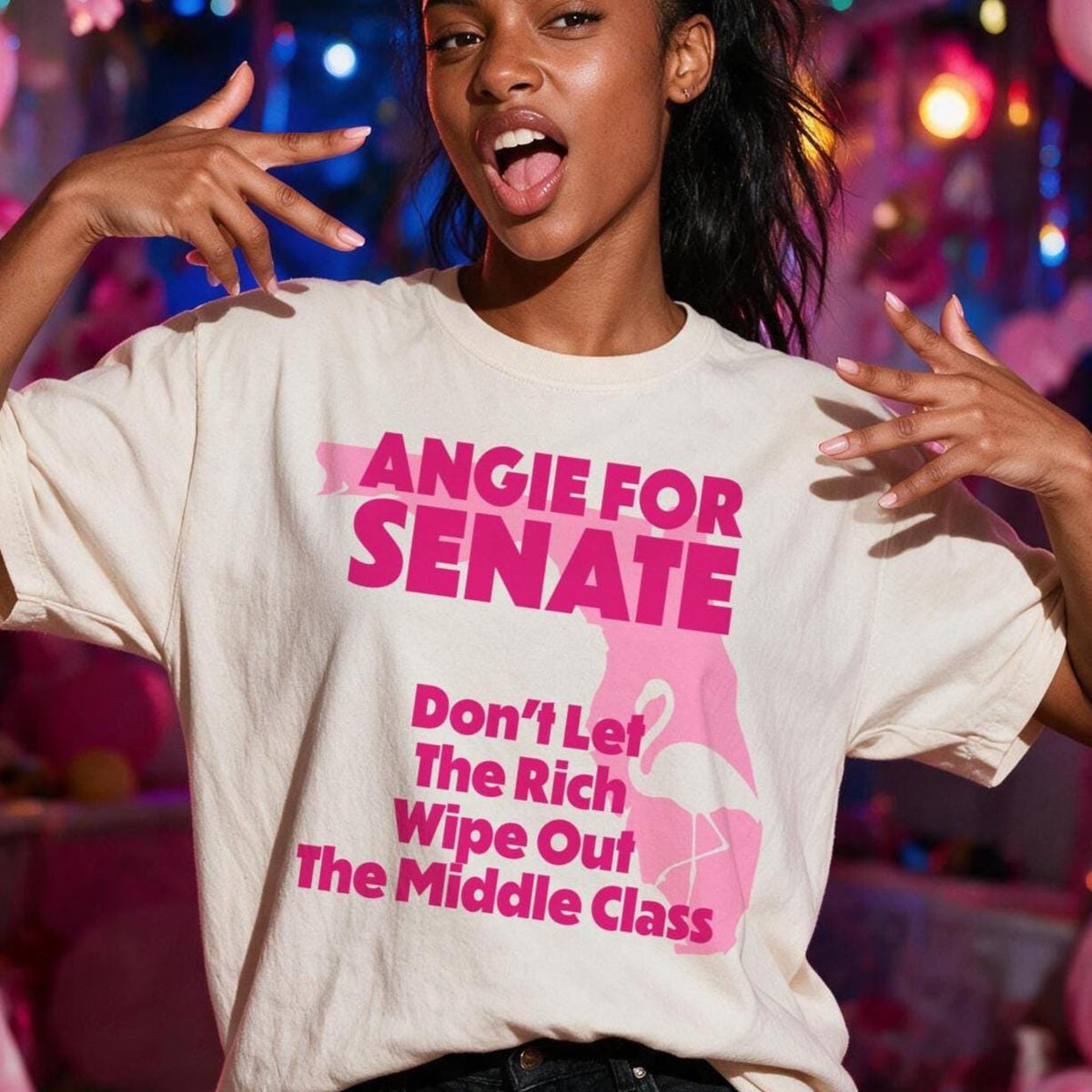 Cream t-shirt with pink text: &amp;quot;ANGIE FOR SENATE&amp;quot; and &amp;quot;Don&amp;