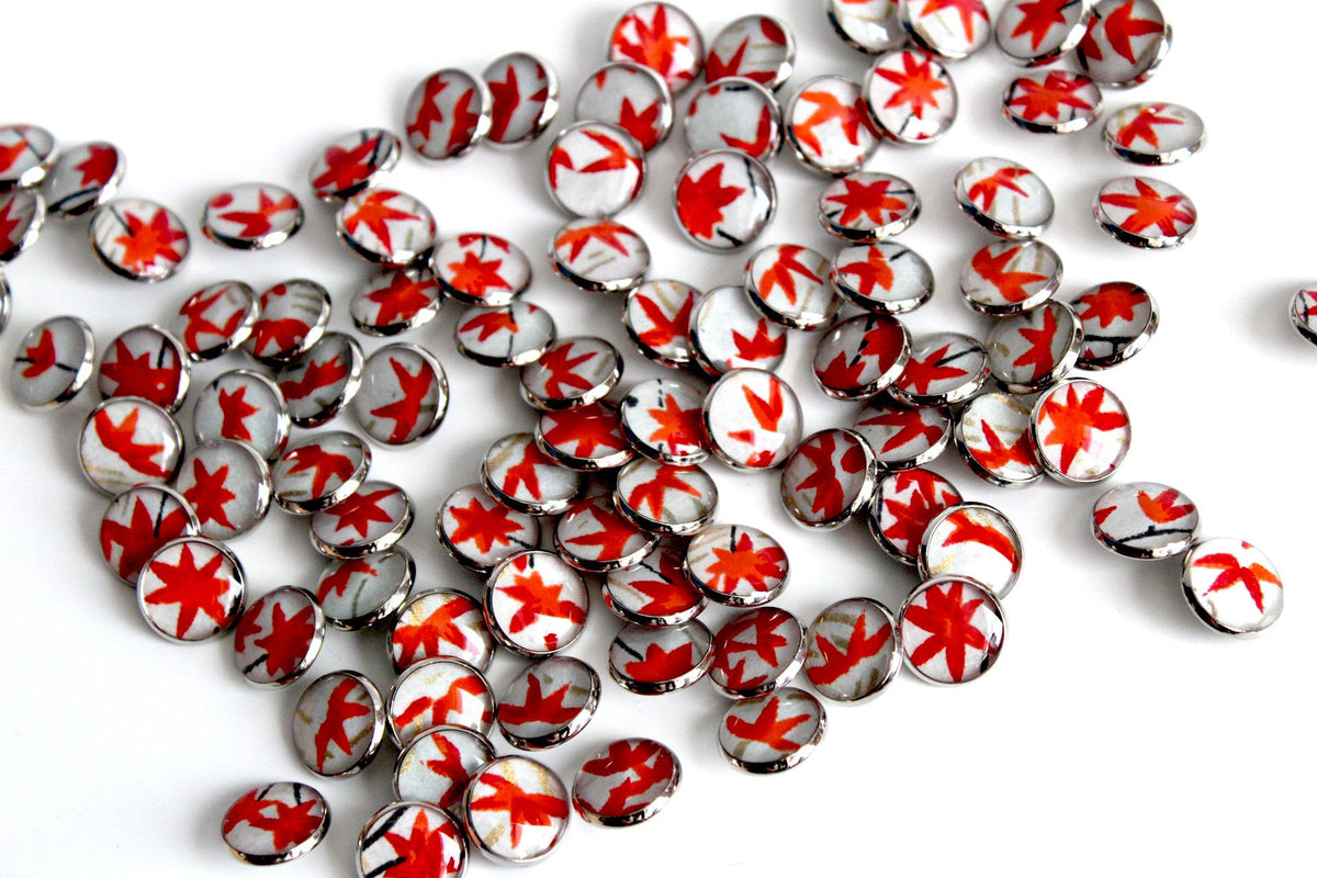 Small Round Buttons - Red Maple Leaves on Pale Blue - 12mm