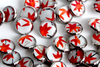 Small Round Buttons - Red Maple Leaves on Pale Blue - 12mm