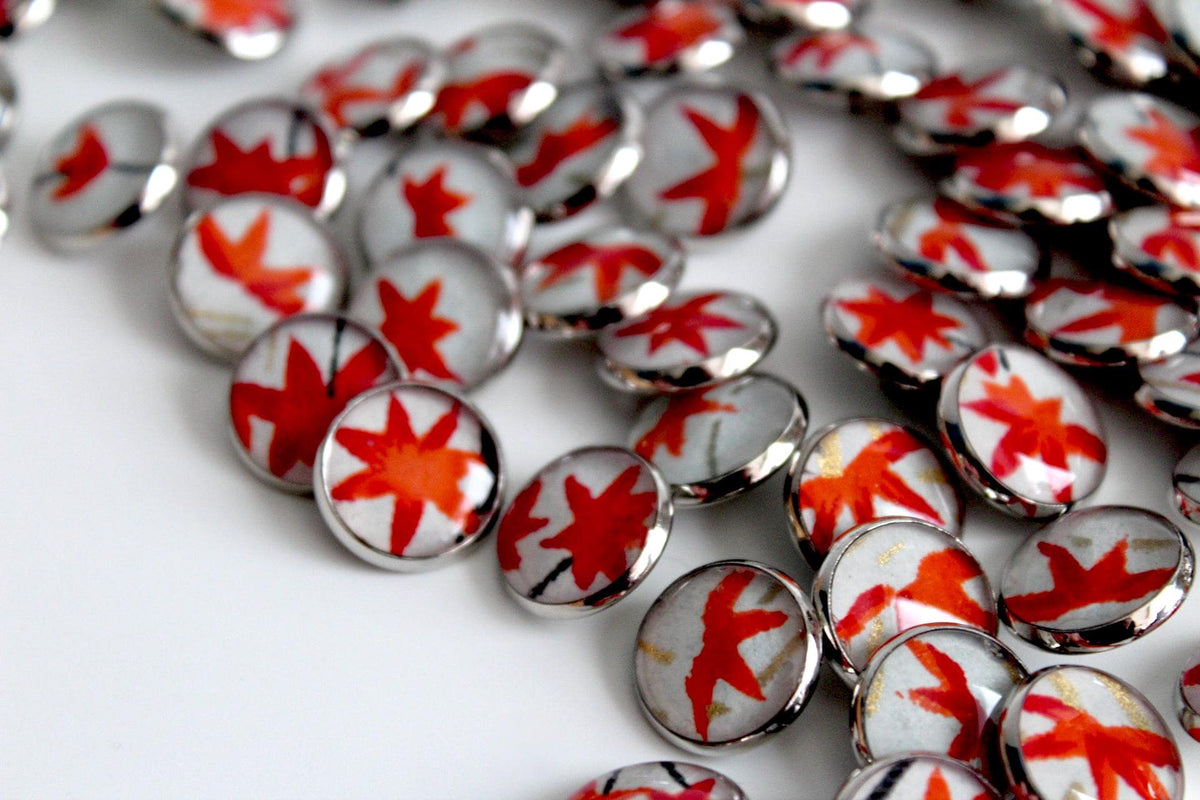 Small Round Buttons - Red Maple Leaves on Pale Blue - 12mm