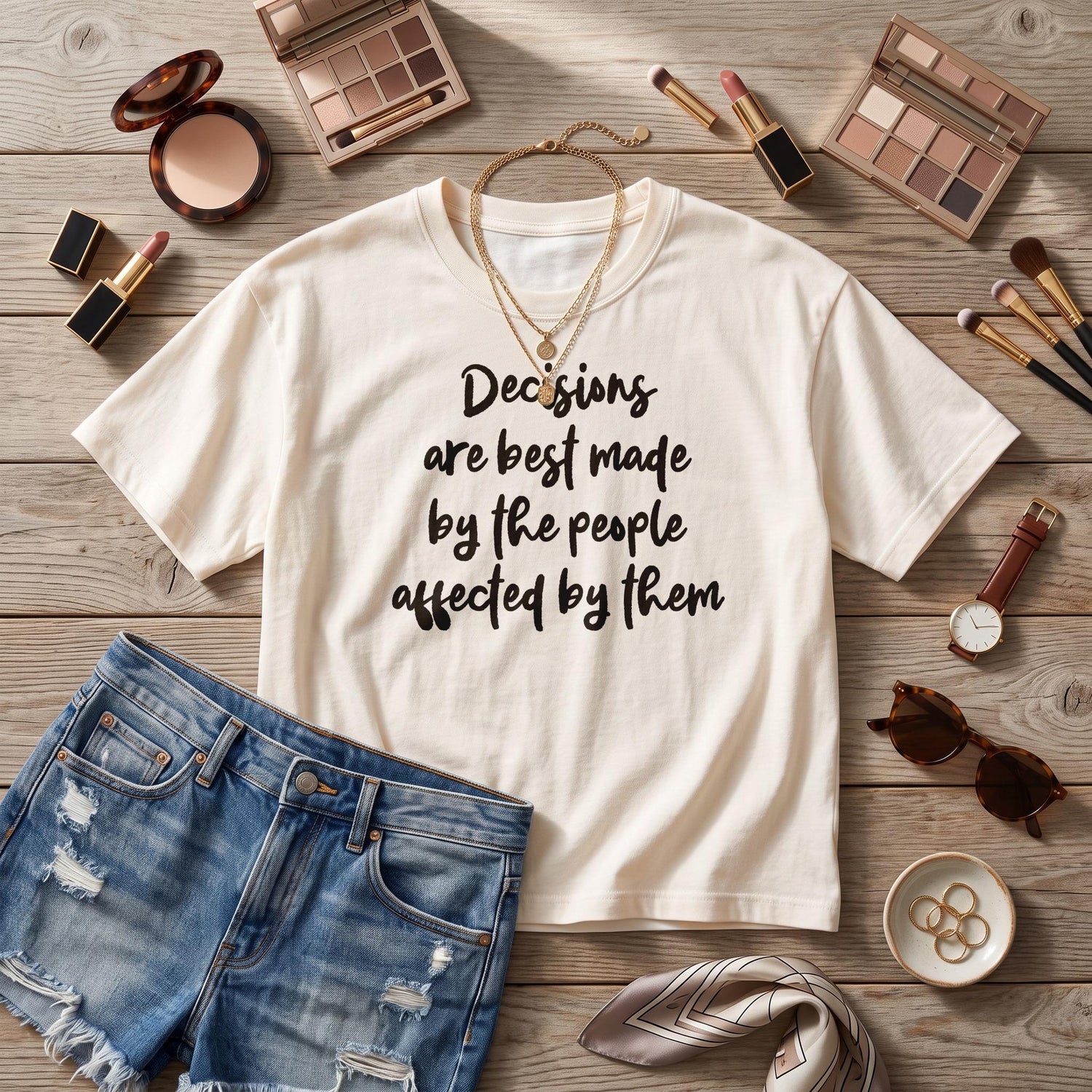 Cream graphic t-shirt with quote, denim shorts, jewelry, and makeup lay flat.