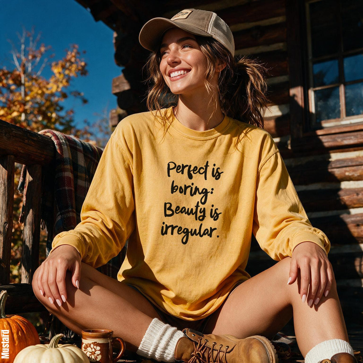 Yellow long-sleeve shirt with &amp;quot;Perfect is boring: Beauty is irregular.&amp;quot; text.