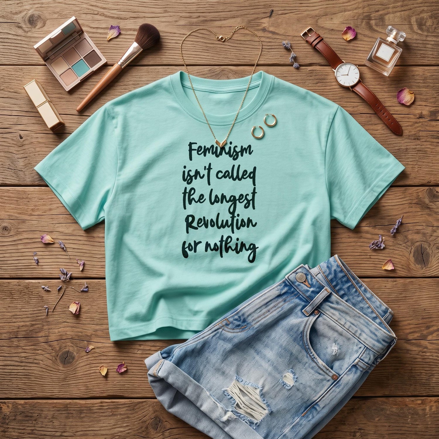 Aqua t-shirt with &amp;quot;Feminism isn&amp;