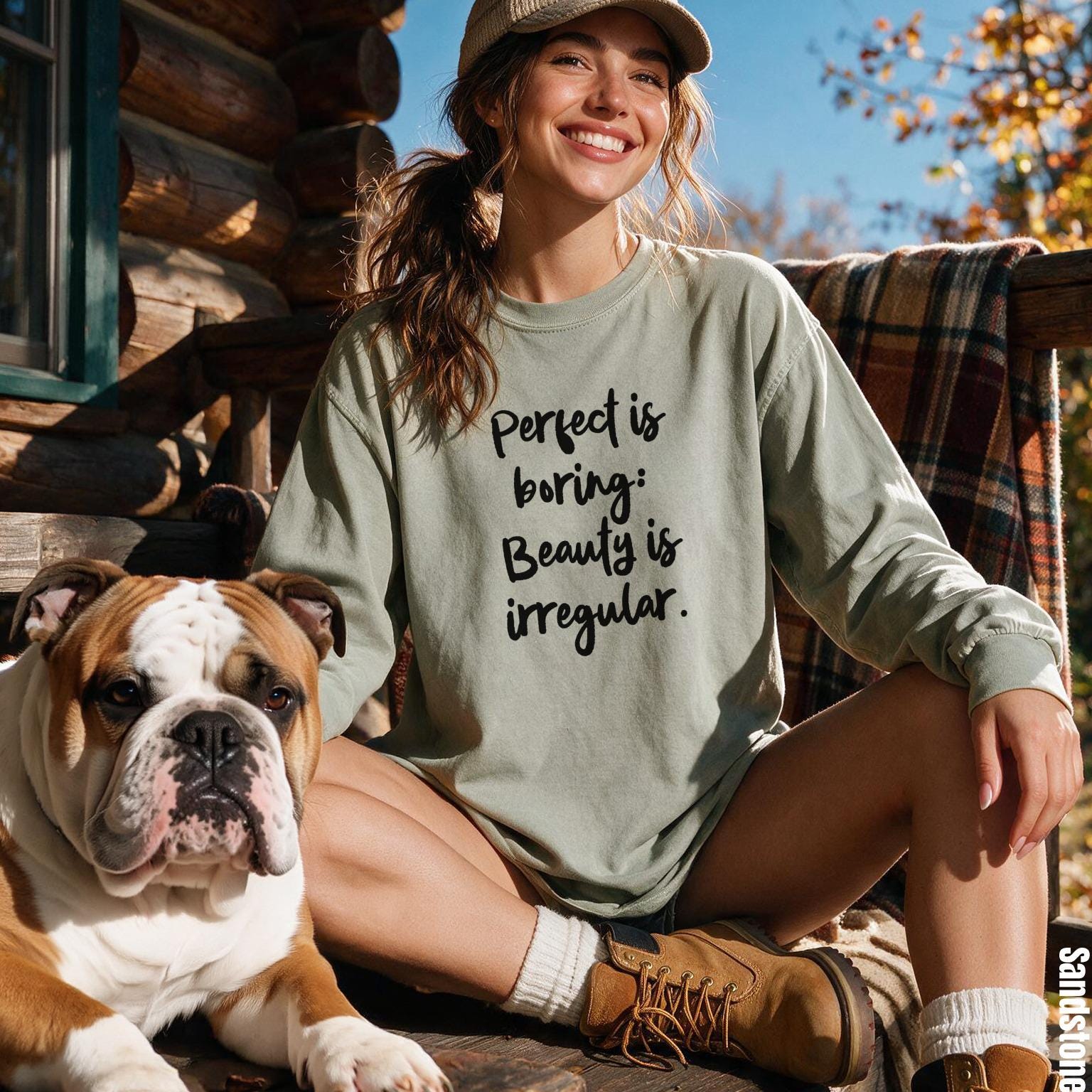 Woman in long-sleeve shirt with &amp;quot;Perfect is boring: Beauty is irregular&amp;quot; text sits with bulldog.
