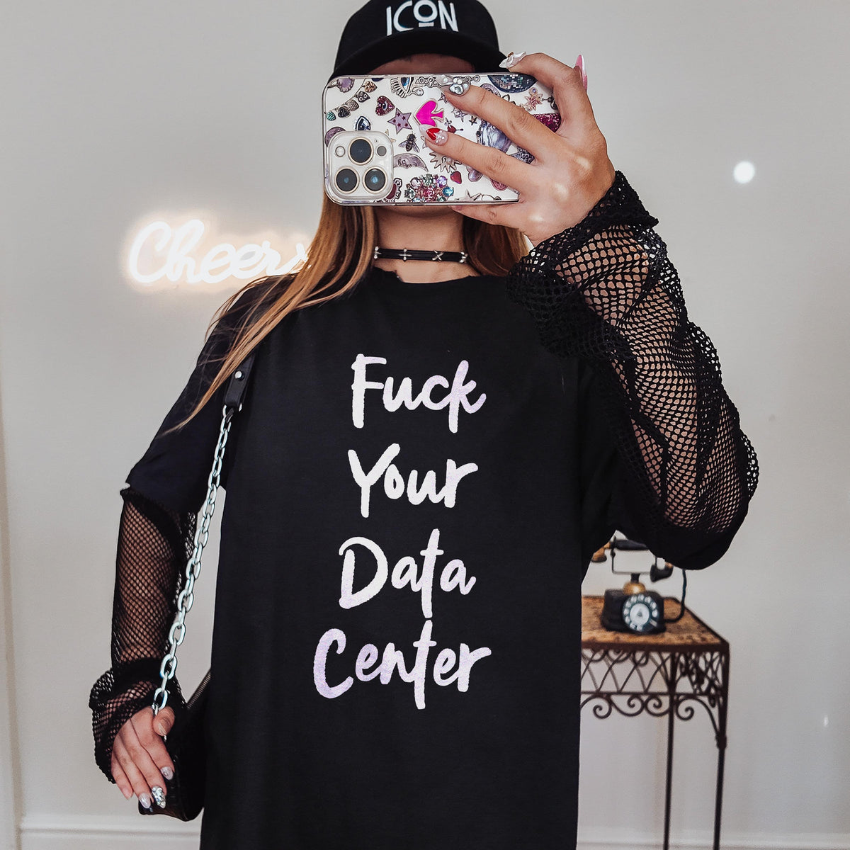 Black long-sleeve shirt with &amp;quot;Fuck Your Data Center&amp;quot; text and mesh sleeves.