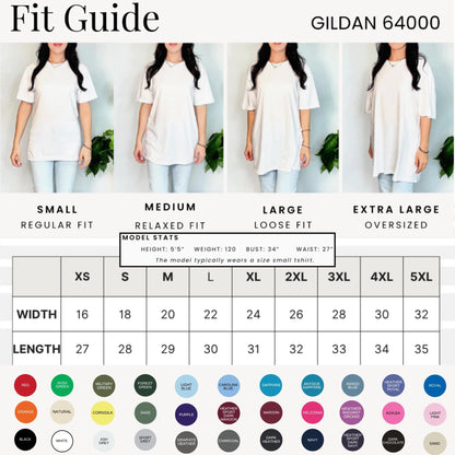 Gildan 64000 t-shirt fit guide with model stats and color options.